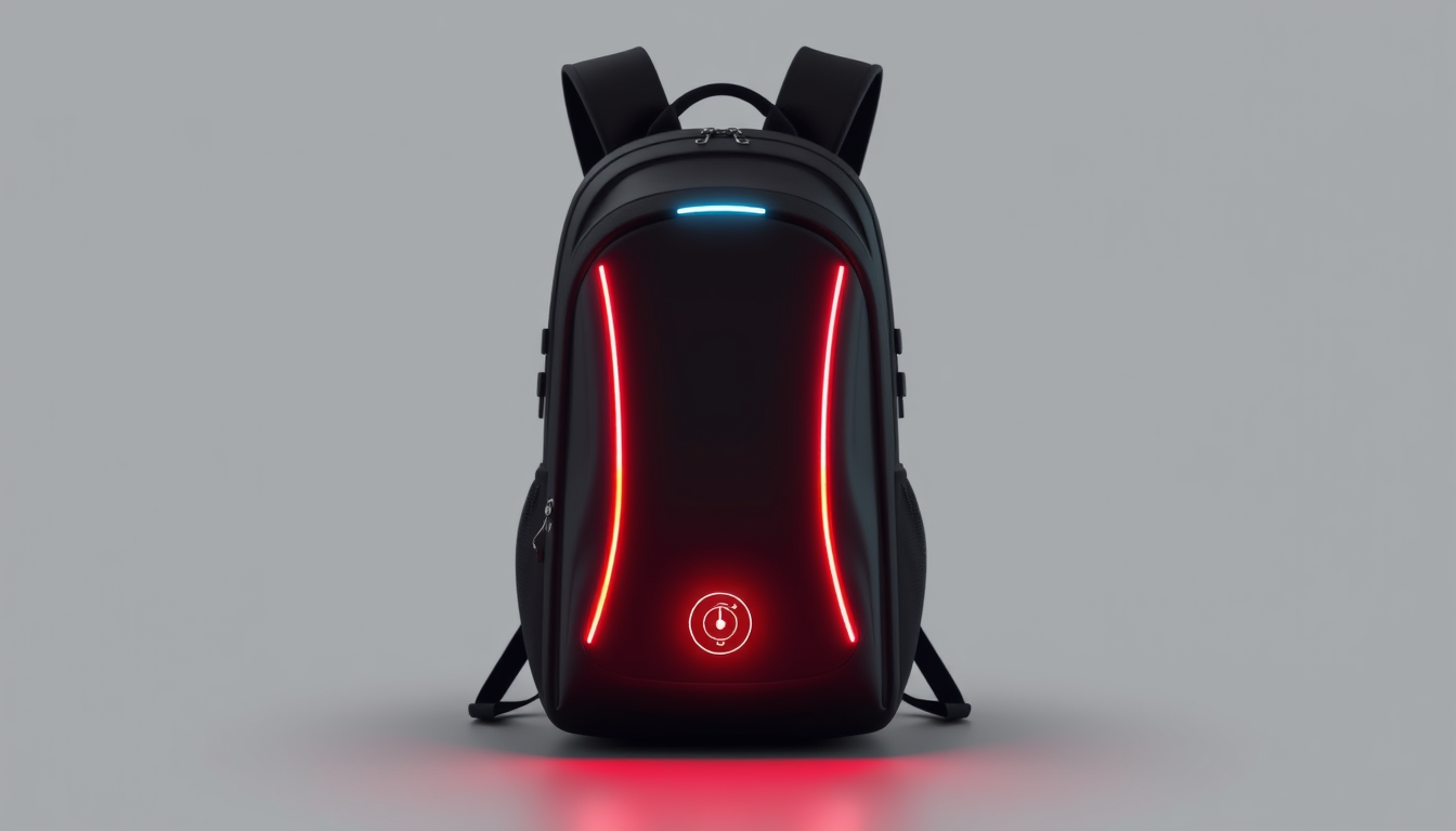 Main art studio: Hi, erstelle mir ein Bild von einem Smart Rucksack, welcher LED Licht, Sprachsteuerung, Ortung, mit dem Handy beidenen kann und modern ist.