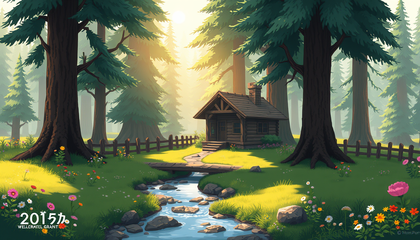 AI Pixel Art idea created from the prompt: pixel art, 32x32 sprite scale, limited palette, retro 16-bit game art, Peaceful fantasy forest environment for a 2D RPG, cozy wooden cabin s
