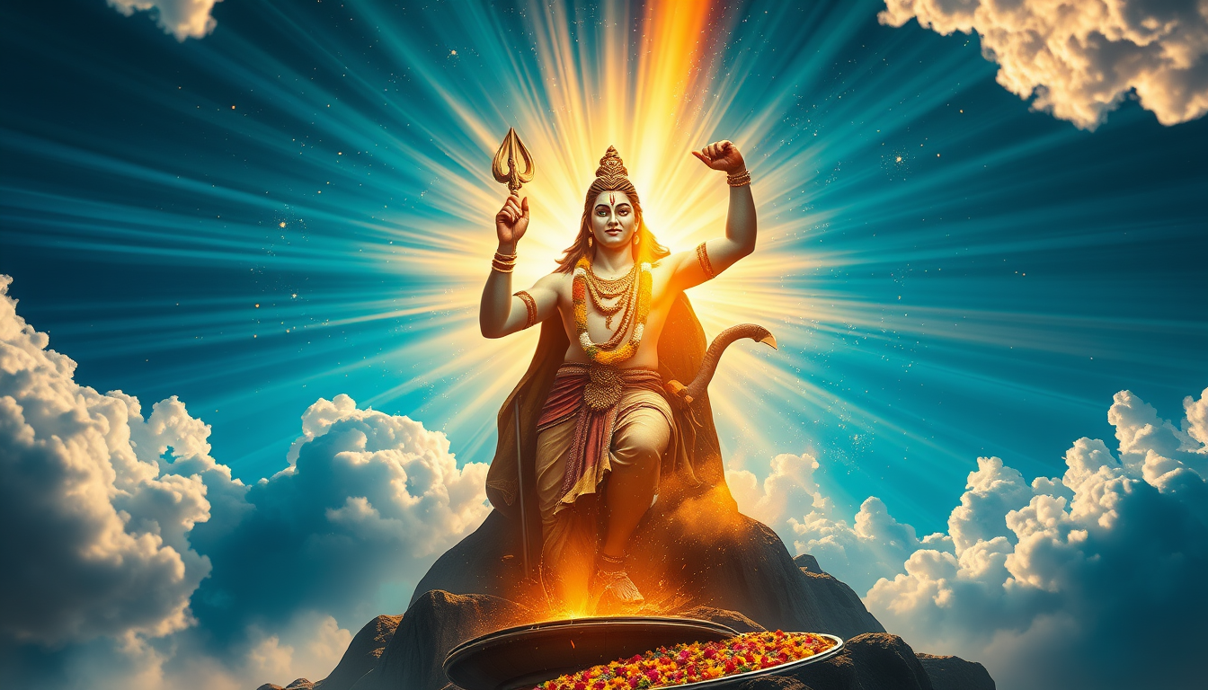 Main art studio: Camera slowly circles Shiva and Hanuman as the celestial sky glows. Brilliant blue and golden rays descend from heaven as Shiva raises his hand and bl