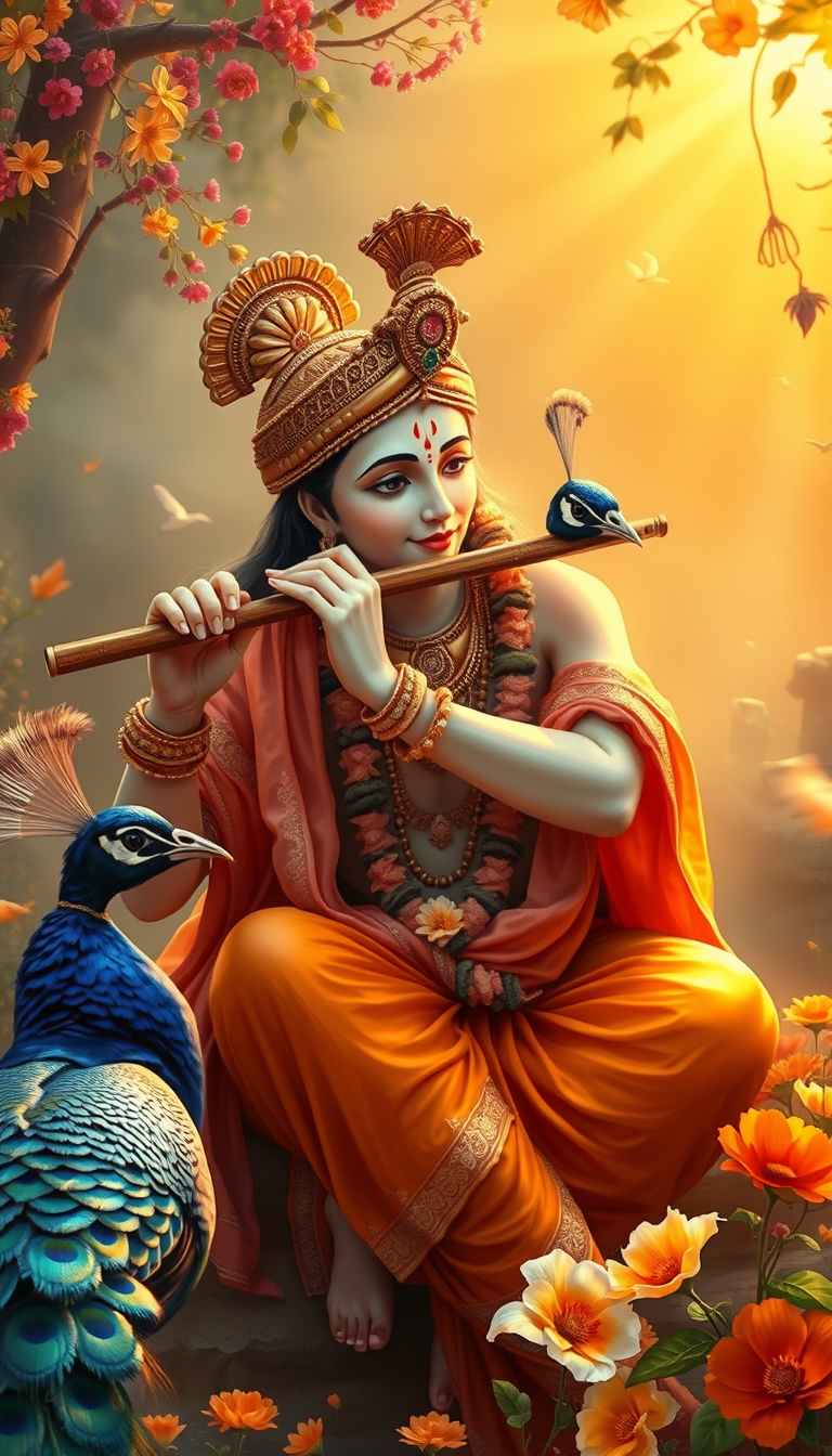Main art studio: playing flute in Vrindavan, peacocks, flowers, divine golden light, devotional art. हाँ, playing