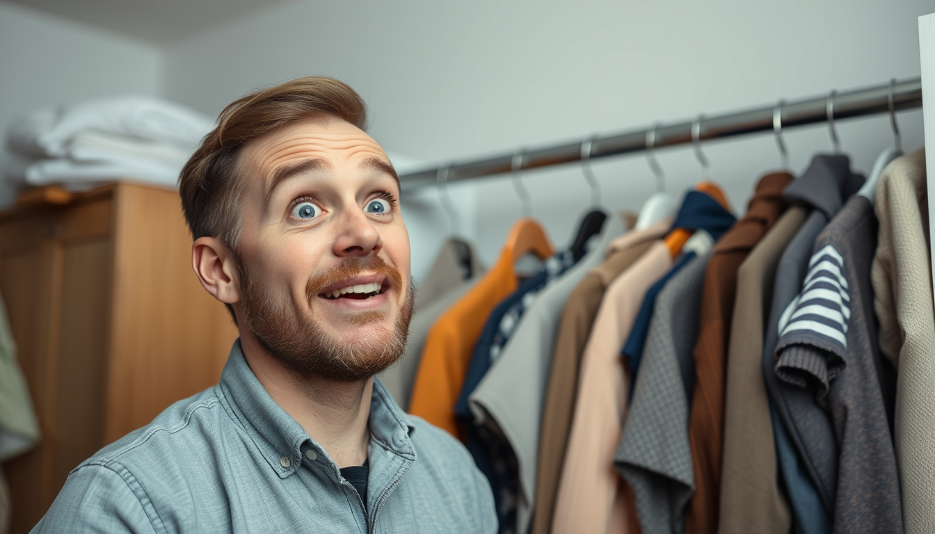 AI Art prompt example created from the prompt: The user notices with surprise on his face that he has several clothes that he no longer wears. He feels that the clothes should be donated 