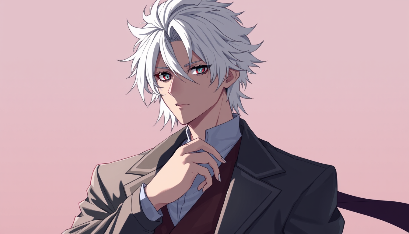 Characters idea: an original character defined by silhouette, role, outfit, palette, and expression, deliberate composition, a guy with white hair ful charektor , poli