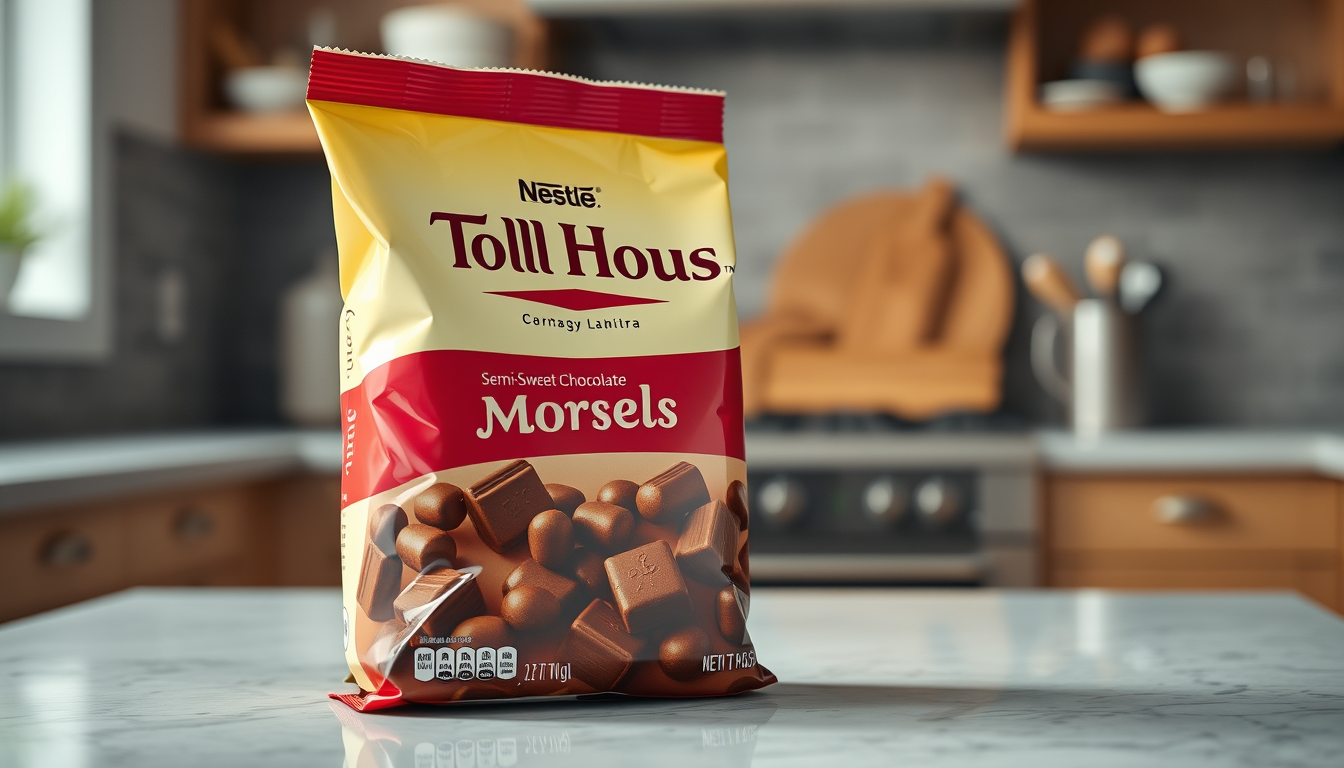 Main art studio: "A realistic close-up of a Nestlé Toll House Semi-Sweet Chocolate Morsels bag standing upright on a kitchen counter, bright packaging, high detail, na