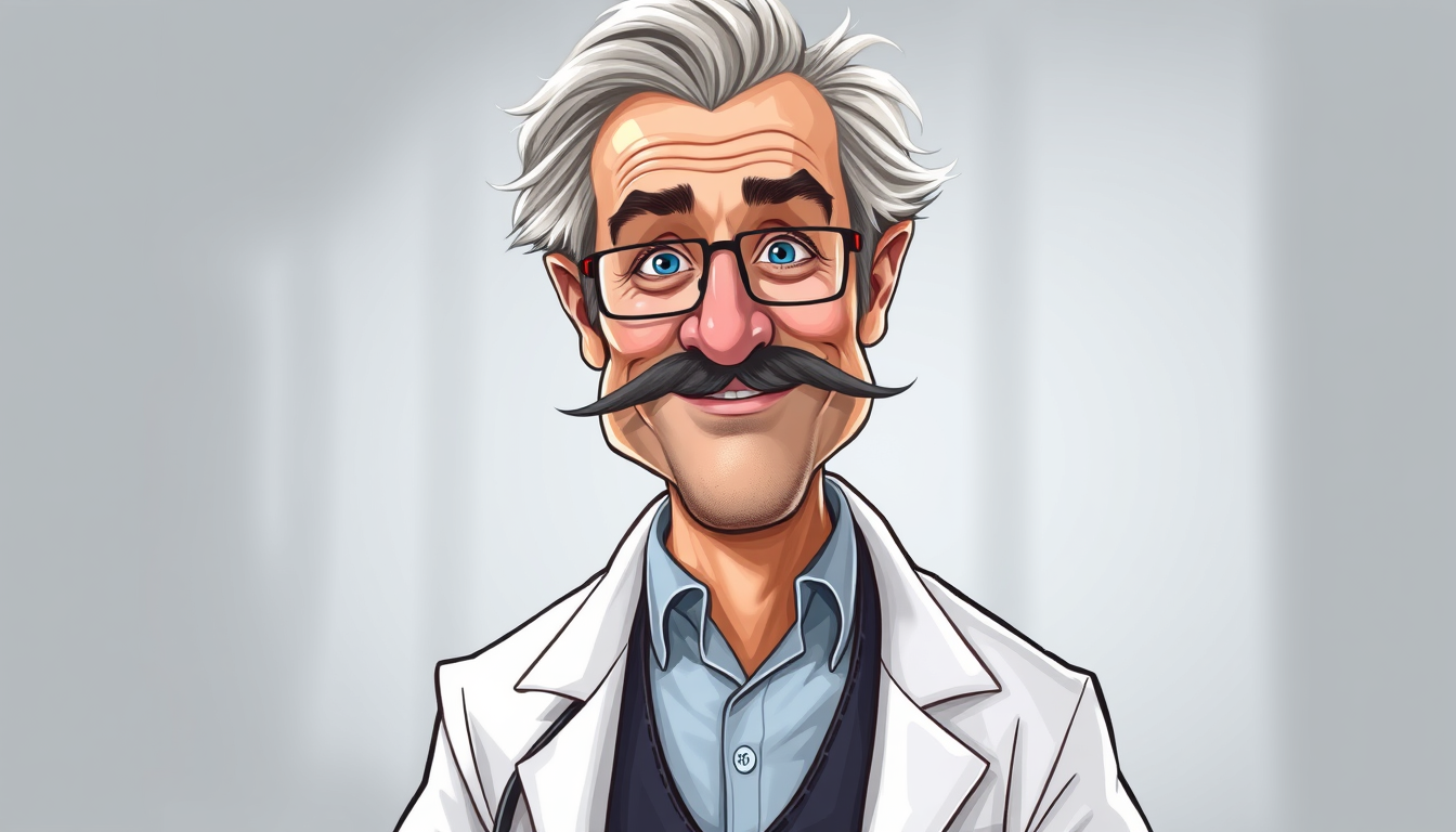 Main art studio: caricature of a man with grey hair and a goatee and a lab coat