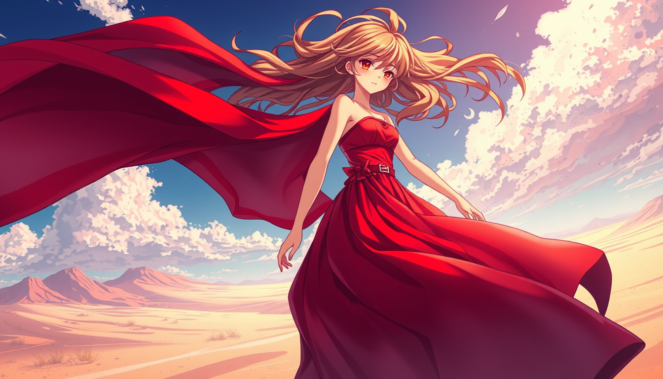 Anime idea: anime style, vibrant colors, expressive eyes, fashion editorial, flowing red dress in a desert, dramatic wind, soft light , detailed anime illustratio
