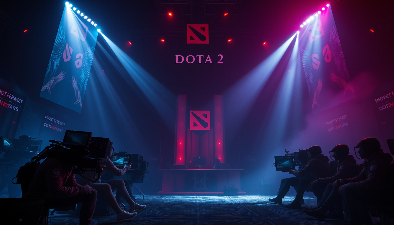 Main art studio: Professional Dota 2 esports coaching banner, dark competitive gaming atmosphere, Dota 2 inspired battlefield environment, dramatic lighting, glowing r