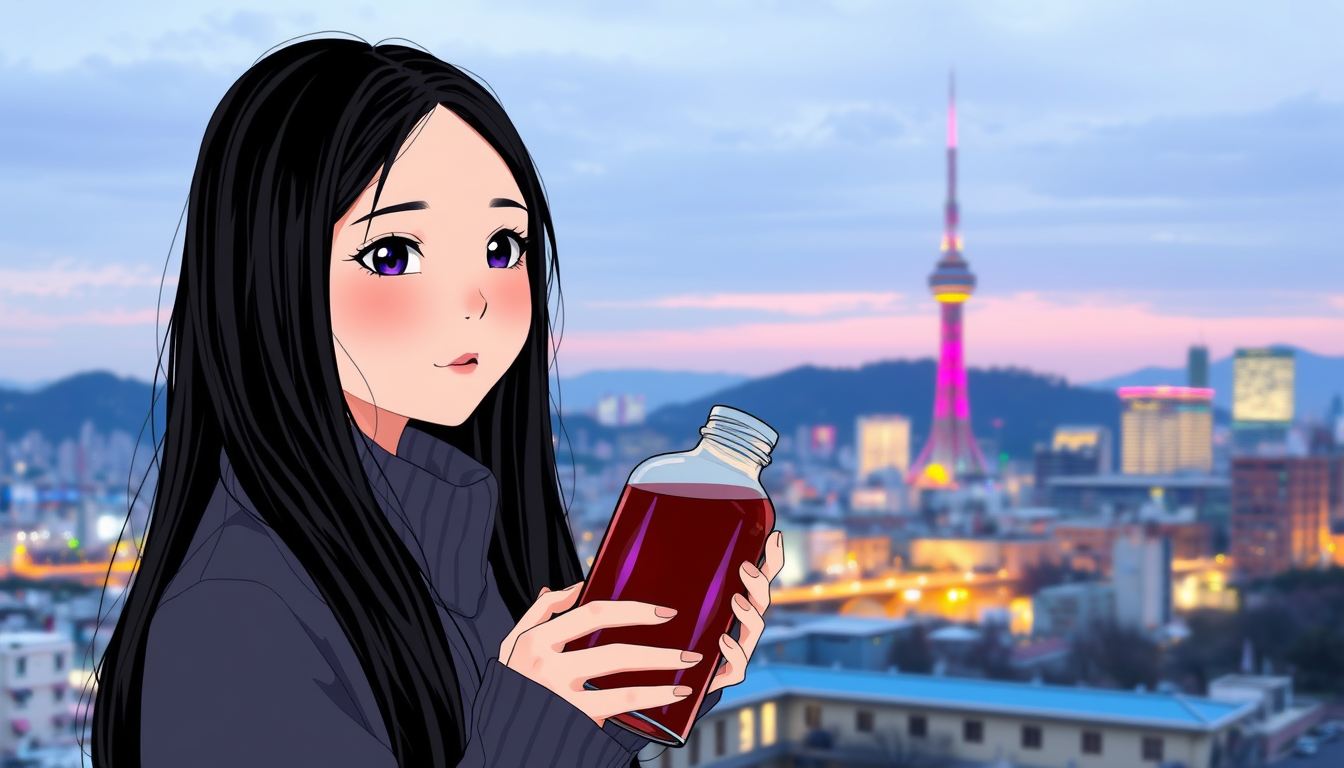 Main art studio: Un paysage de Séoul (Corée du Sud) ou on voit la N Seoul Tower et quelques immeuble et une fille aux cheveux longs noirs et aux yeux noirs avec fond v