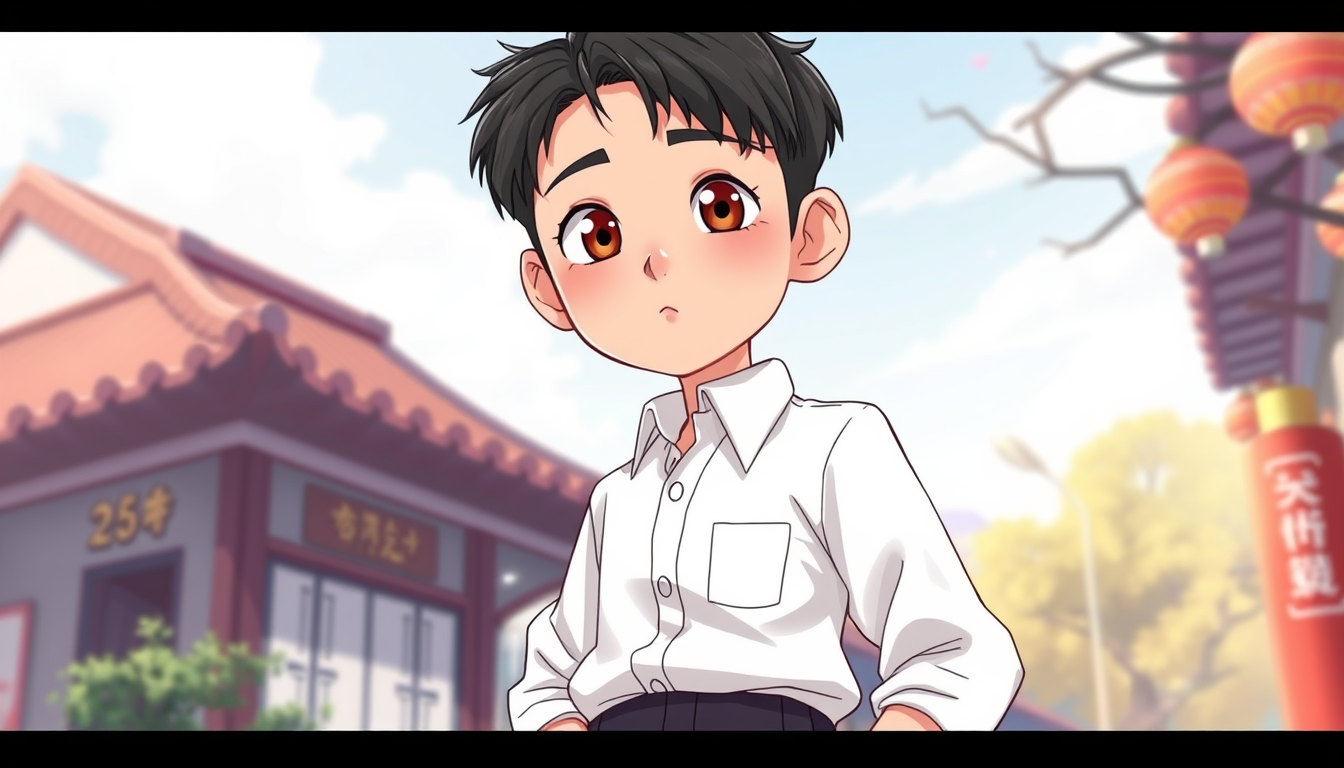 AI Art prompt example created from the prompt: 12-year-old Qian Mochen, slim Chinese boy, handsome youthful face, large expressive dark-brown eyes, neat black hair reaching around shoulde