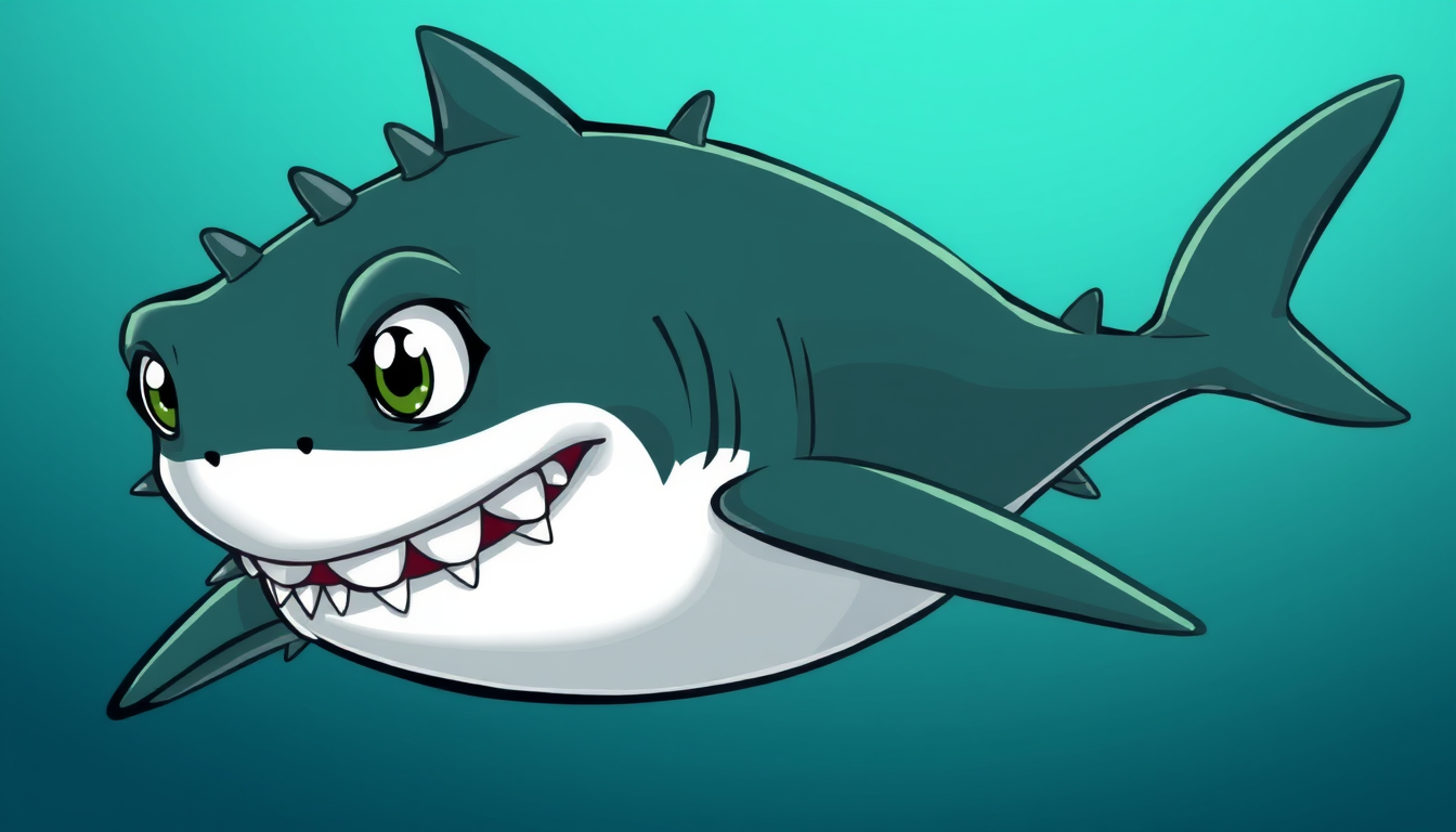 Main art studio: 2D cartoon shark, small normal shark eyes, tiny eyes, narrow eyes, small white pupils, many cannons on body, cool shark face, green and black, thick o