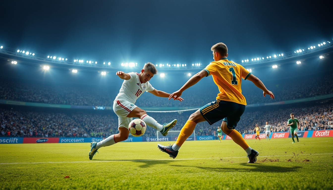 Main art studio: crie uma imagem de um jogador chutando a bola para o gol na final da copa do mundo com o goleiro na frente do gol