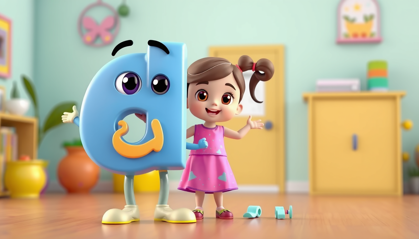 Main art studio: A cute 3D cartoon Arabic letter Alif "أ" character, the letter is alive, with big eyes, smiling face, arms and legs, colorful and friendly, for kids e
