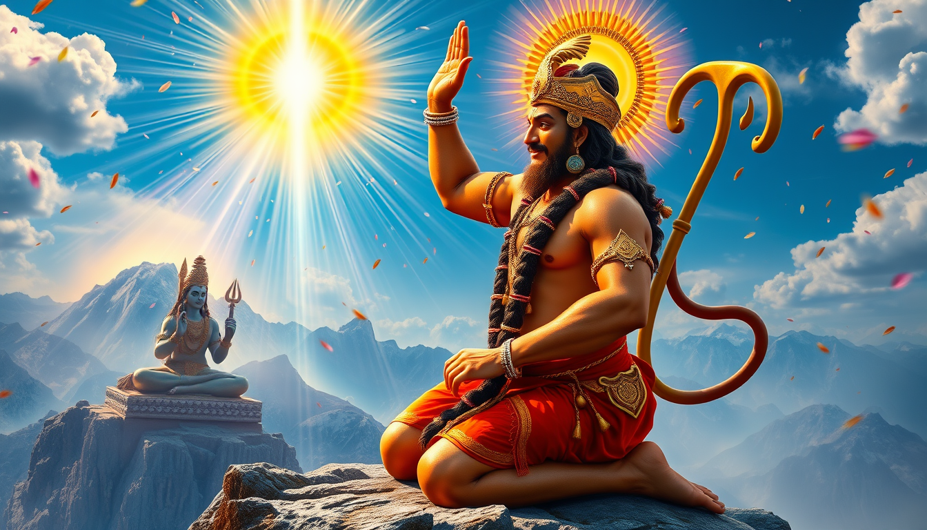 Main art studio: Lord Hanuman, muscular divine vanara warrior with reddish-golden fur, traditional monkey-like face, long curved tail, golden crown, red dhoti with gol