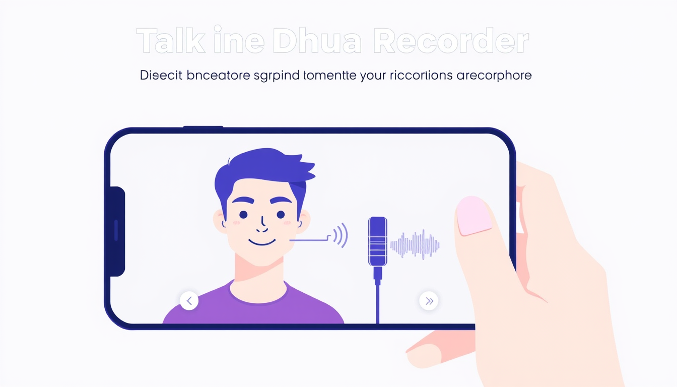Main art studio: Create a modern mobile app feature illustration for “Talk in Dhua Recorder.” Show a person recording with a smartphone camera while speaking. Highligh