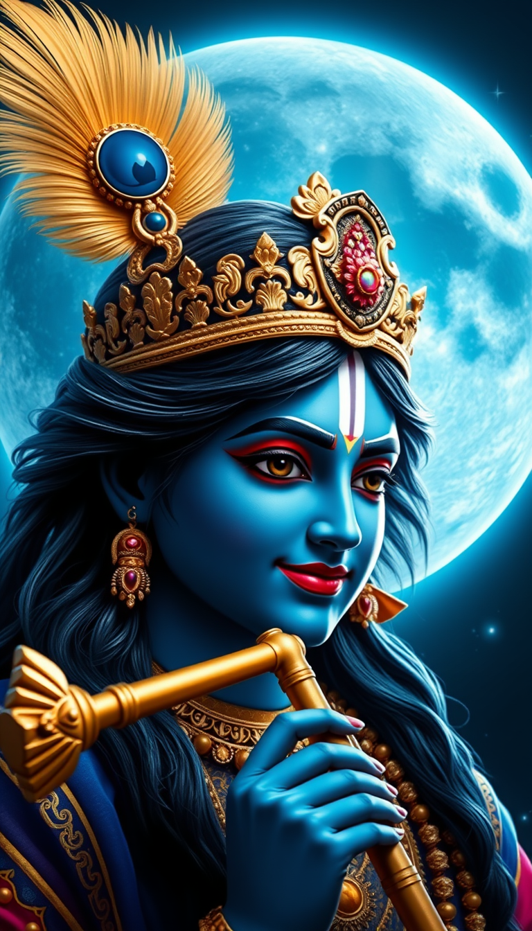 Main art studio: Create a stunning, ultra-realistic 4K vertical mobile wallpaper featuring LORD SHRI KRISHNA ONLY — a divine MALE Hindu deity, NOT a woman. Lord Krishn