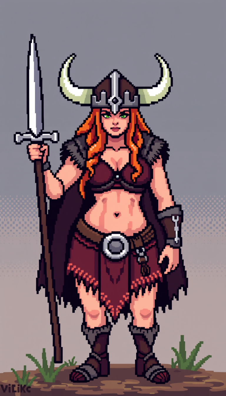 Sprite idea created from the prompt: pixel art game sprite, clean pixel grid, retro 16-bit palette, Fille viking, seins nues , game-ready sprite sheet