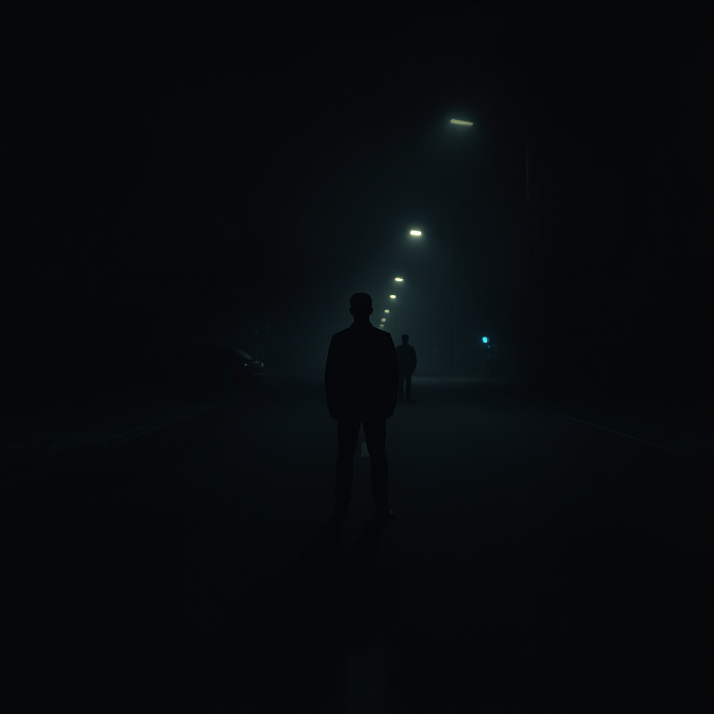 Main art studio: A dark empty street at night. One solitary figure stands completely upright while distant silhouettes disappear into the darkness behind them. The sce