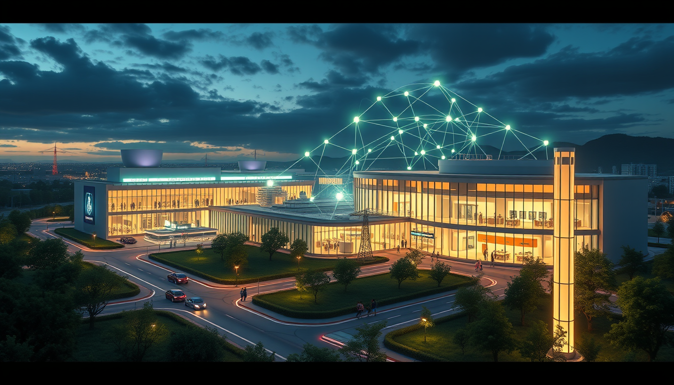 Main art studio: remium corporate key visual of a world-leading radiopharmaceutical research hub in Fukushima. A futuristic Collaboration Zone where researchers, clini