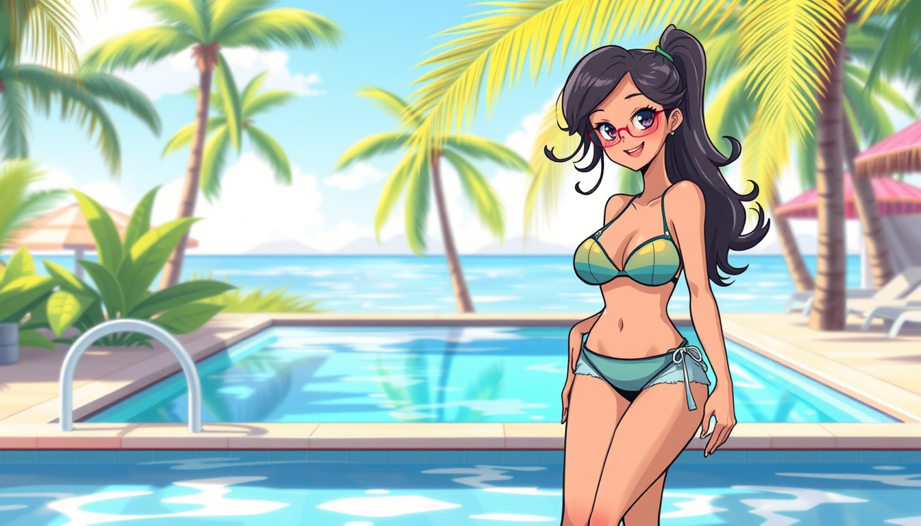 Characters idea: an original character defined by silhouette, role, outfit, palette, and expression, deliberate composition, character wearing a stylish bikini top and