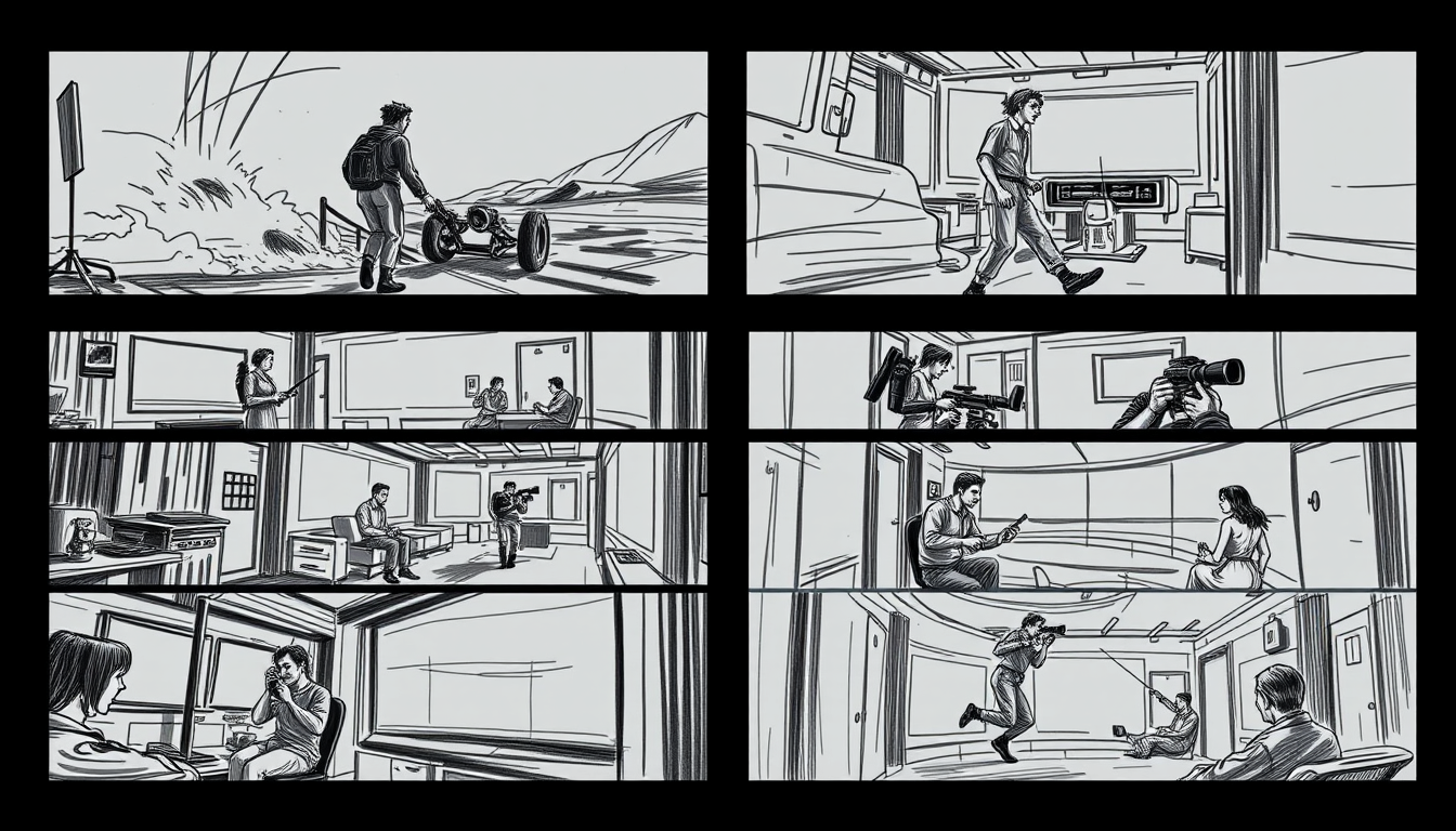 Storyboard idea created from the prompt: storyboard panels, cinematic shot sequence, clear camera angles, grayscale sketch layout, readable scene flow, zse , professional storyboard