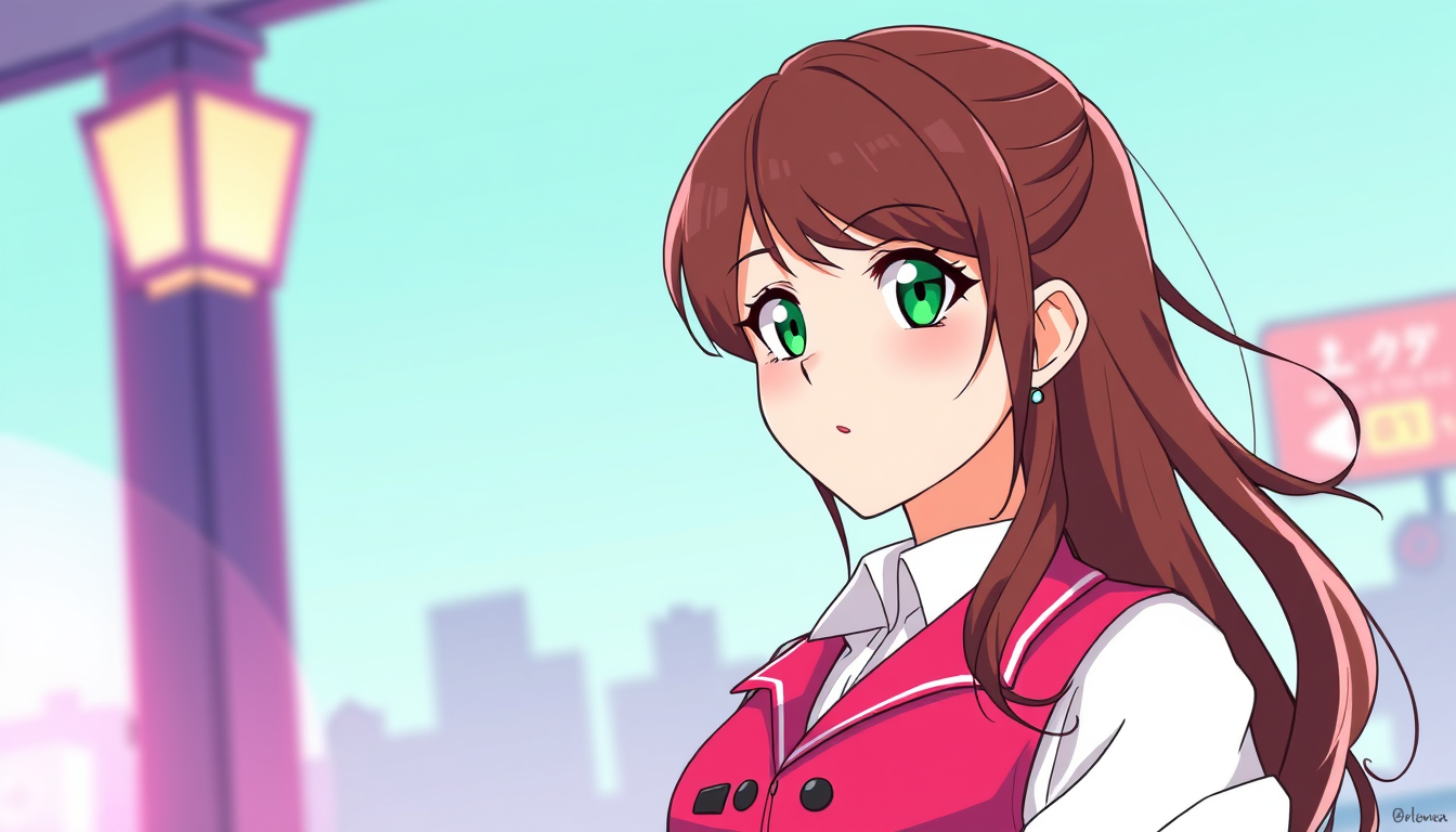 Anime idea created from the prompt: anime style, vibrant colors, expressive eyes, Yandere simulator cheuveux long brun/rouge des stylisé avec plein de petite meche jupe très co