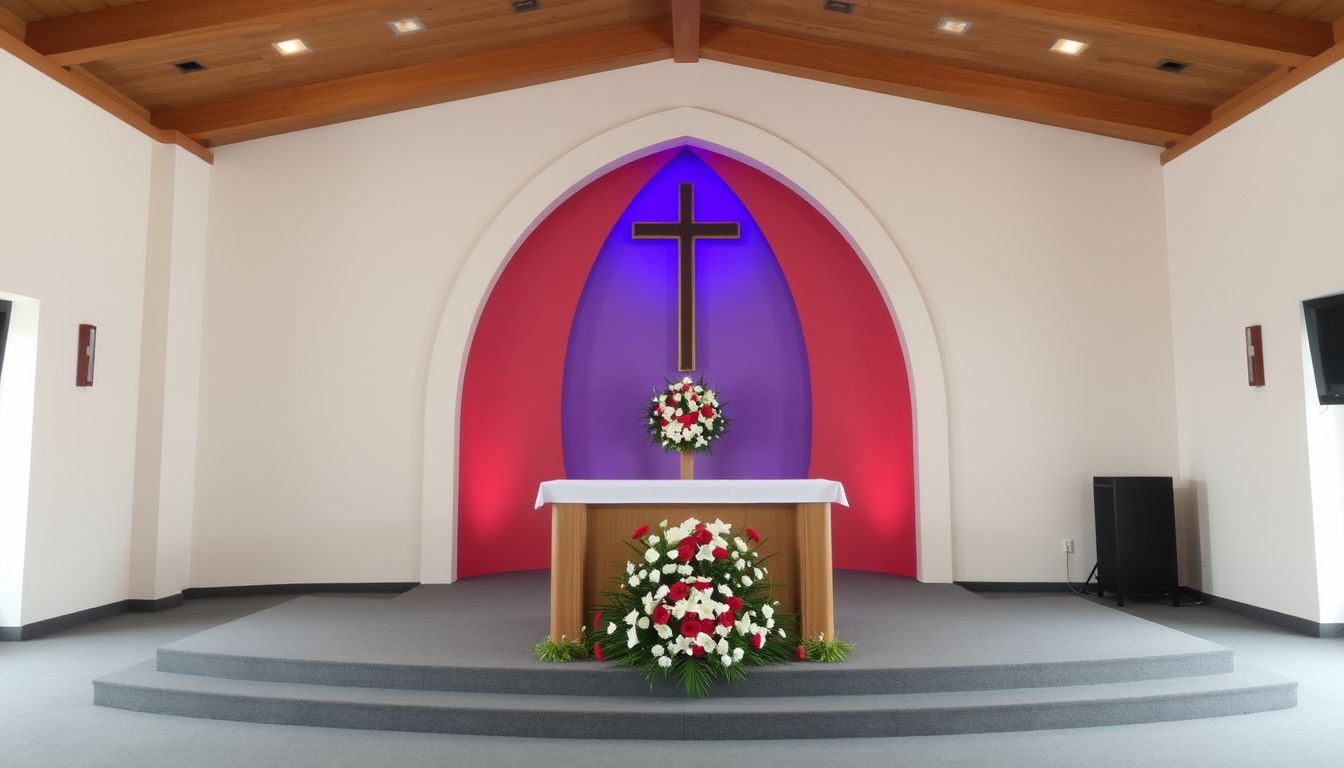 Main art studio: Modelo para un altar de iglesia evangélica de Asambleas de Dios, incluye 2 gradas, zona redondeada y zona de flores al medio