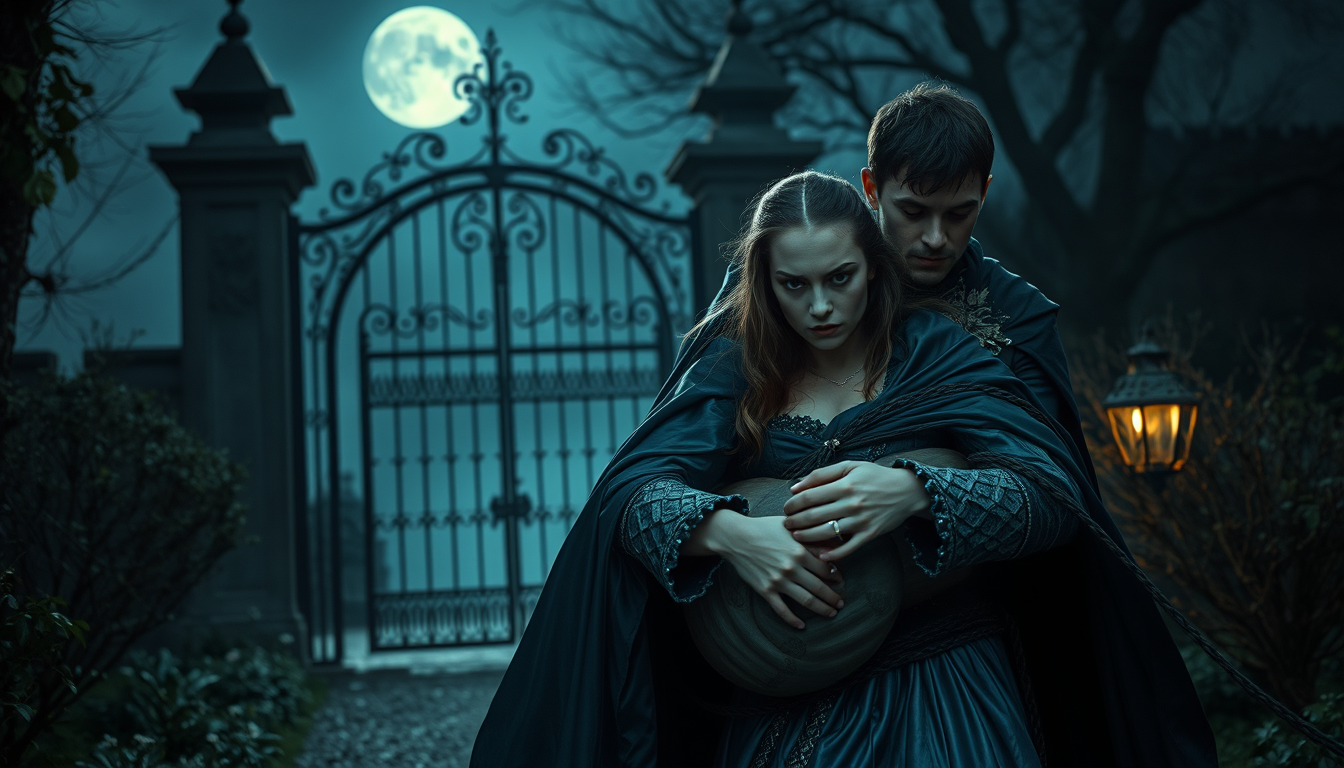 Main art studio: A low-fantasy moonlit royal garden escape scene: a bold prince in dark medieval attire carries a captured princess through shadowy palace gardens towa