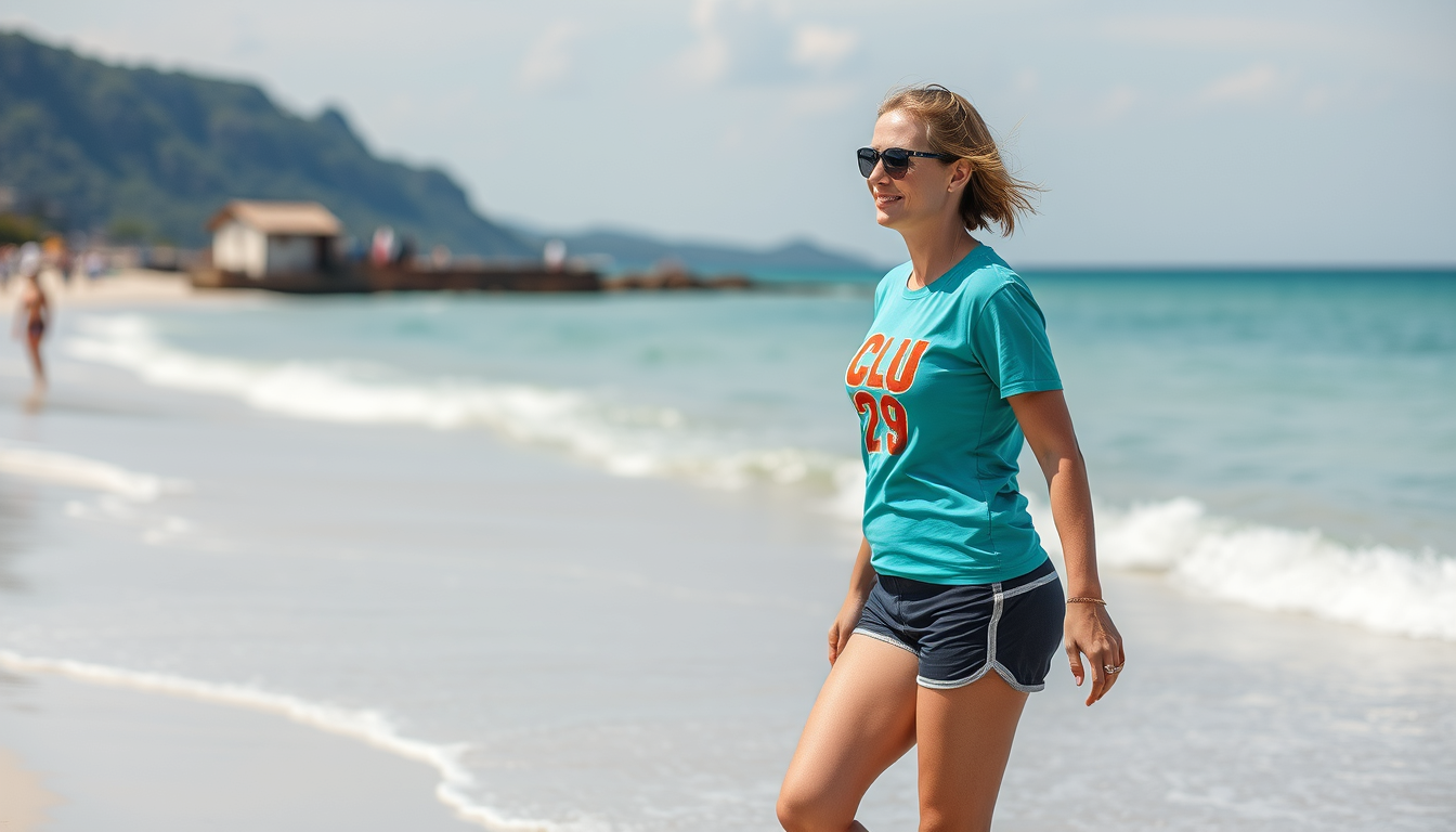 Main art studio: Create a picture of Michaela Kaniber (CSU Bavaria, Germany) in T-Shirt an Shorts at the beach