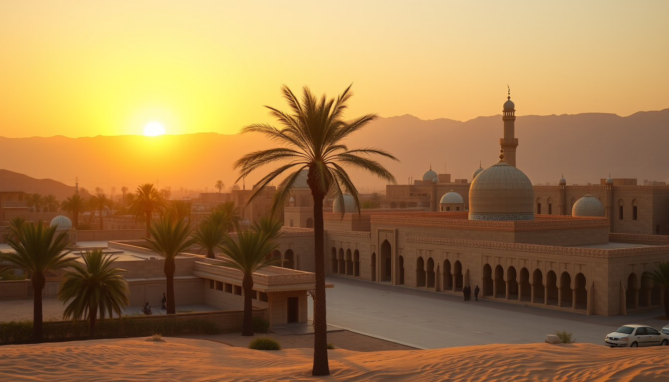 Main art studio: A beautiful desert sunrise over ancient Madinah style landscape, glowing light over palm trees and traditional Islamic architecture, peaceful spiritua