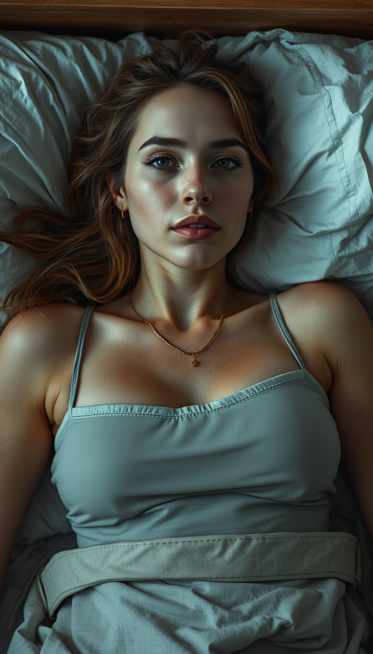 Realistic Images idea: photorealistic generated image, natural materials and skin texture, physically plausible lighting, A women is in her strap on laing in bed , coherent