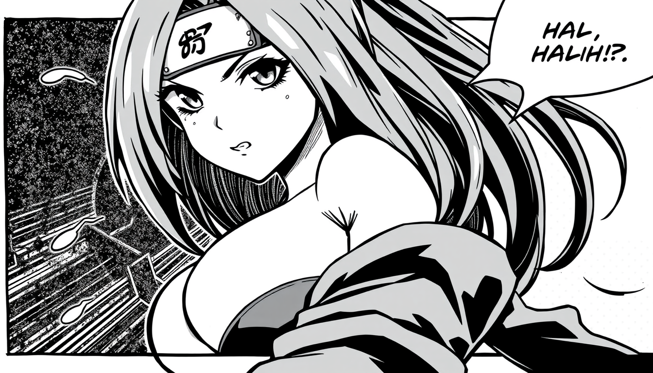 AI Comic idea created from the prompt: comic panel, bold inks, halftone shading, speech-bubble ready composition, manga girl, very busty, skimpy, seductive gaze, naruto style, ful