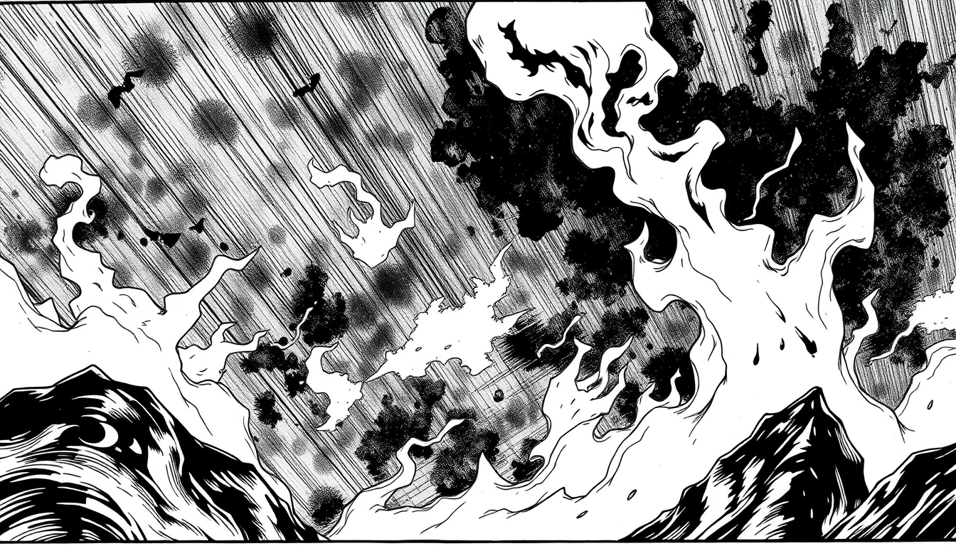 Manga idea: manga panel, black-and-white ink, screentone shading, expressive line weight, Anime fire background , manga page composition, sharp clean inks