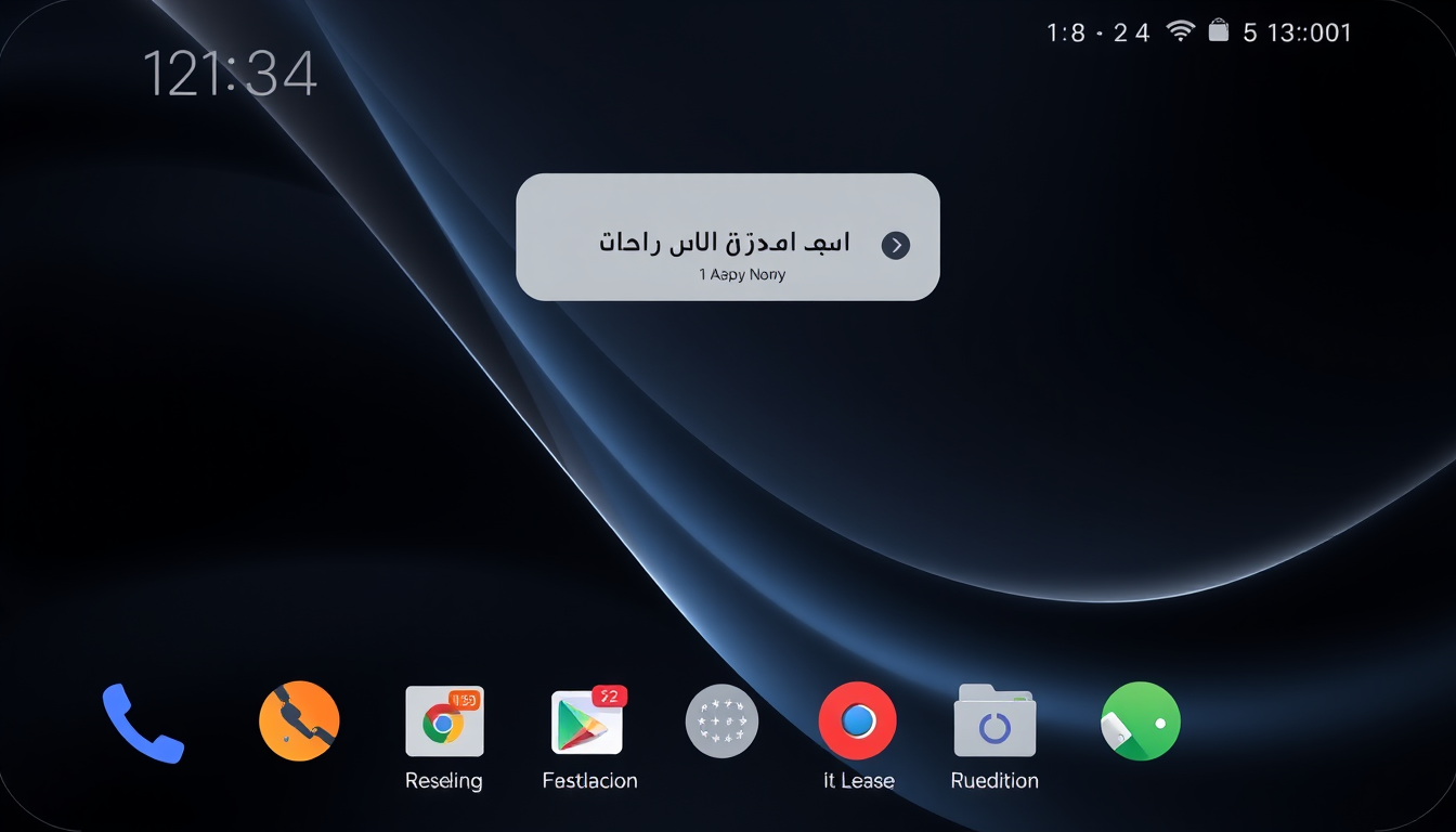 Main art studio: A realistic modern smartphone home screen interface, Arabic language, portrait orientation, dark elegant wallpaper, multiple realistic mobile app icon