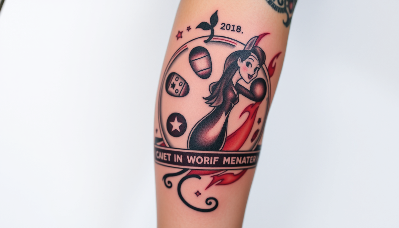 AI Art prompt example created from the prompt: Create a tattoo full leg sleeve that does not cover bum, I want a film reel and Disney characters