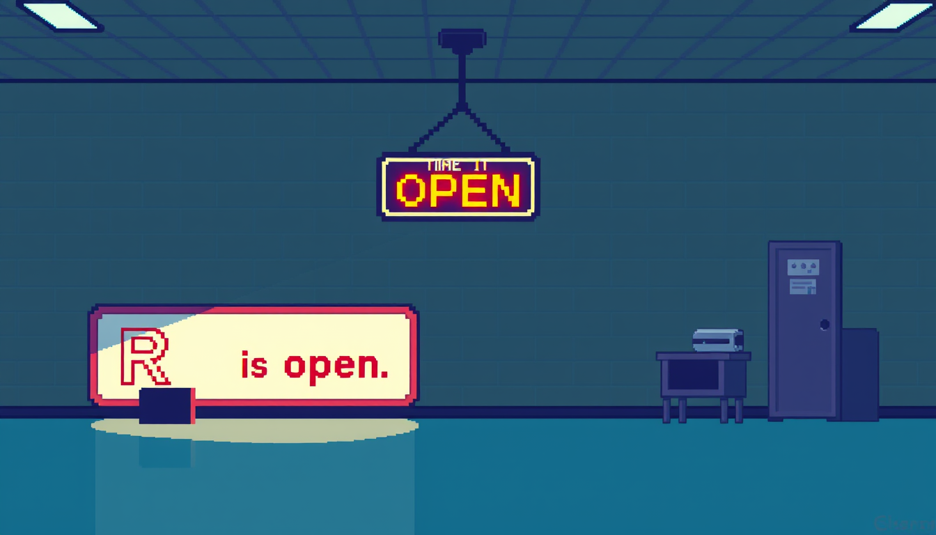 Main art studio: Pixel art bright well lit room with sign that says "Room is open"