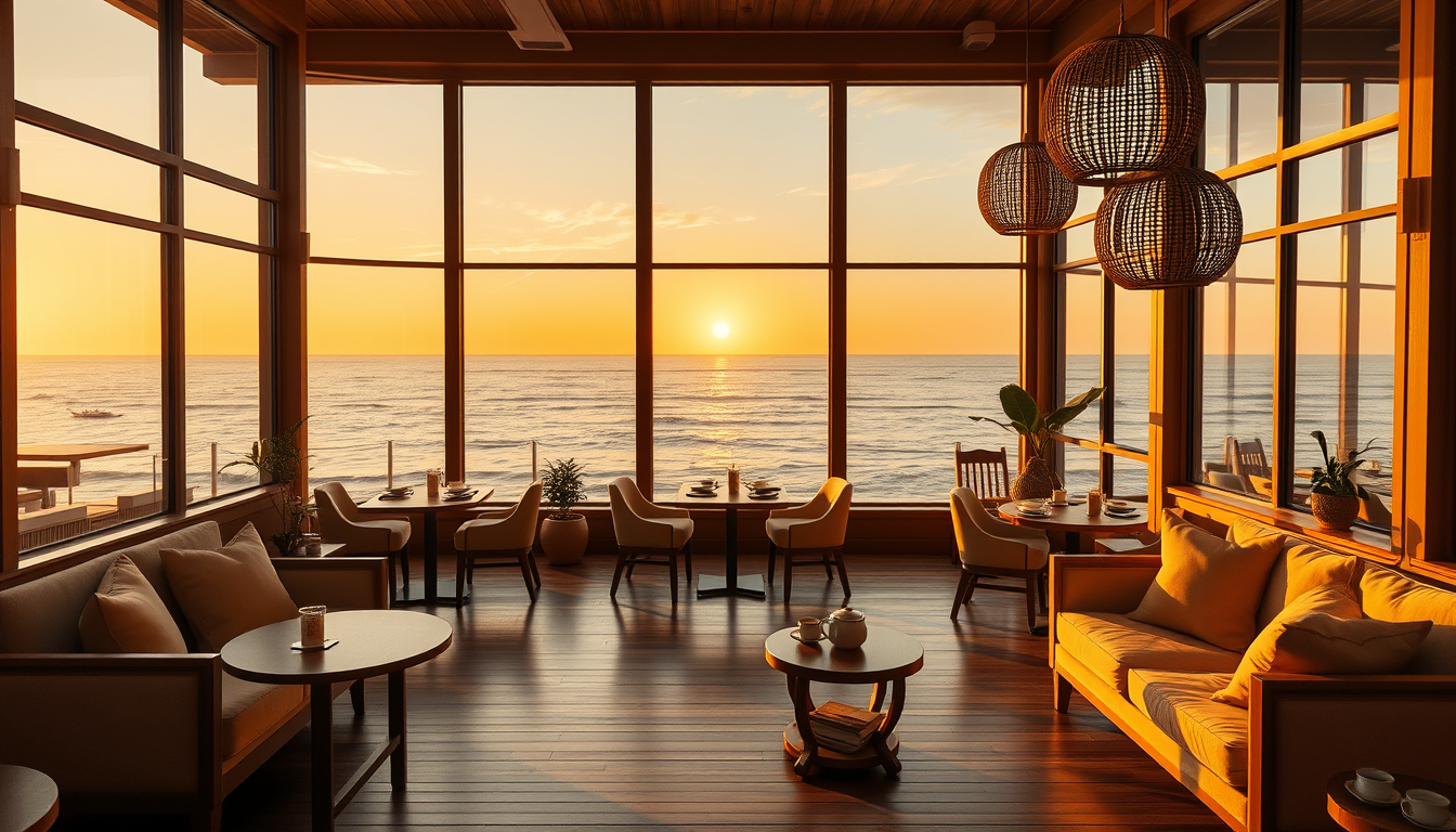 Main art studio: Cozy elegant seaside restaurant at golden hour, viewed from inside. Large floor-to-ceiling windows overlooking a calm ocean and warm sunset. Beige and