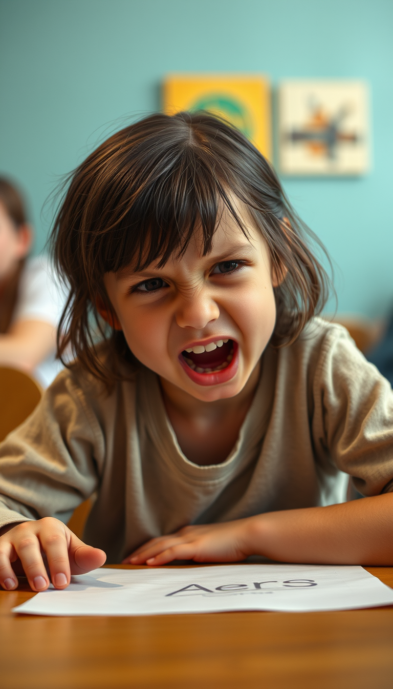 Main art studio: 10 year old with girl dark brown hair sitting at a table with mouth open head tilted back angry wrinkling face of many tiny wrinkles, angle from above