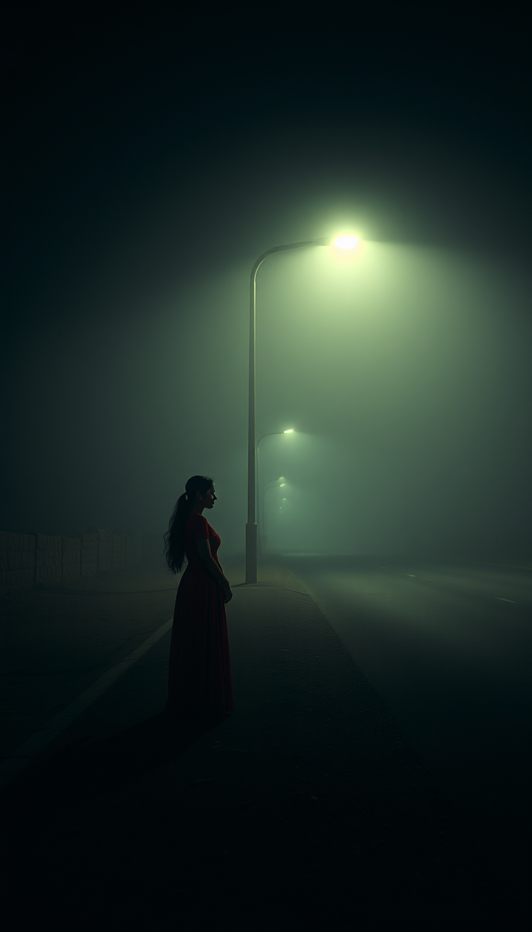 Main art studio: Sameer and Anaya meeting at the same deserted roadside every night, Anaya in her red dress waiting under a streetlight, Sameer approaching happily, da