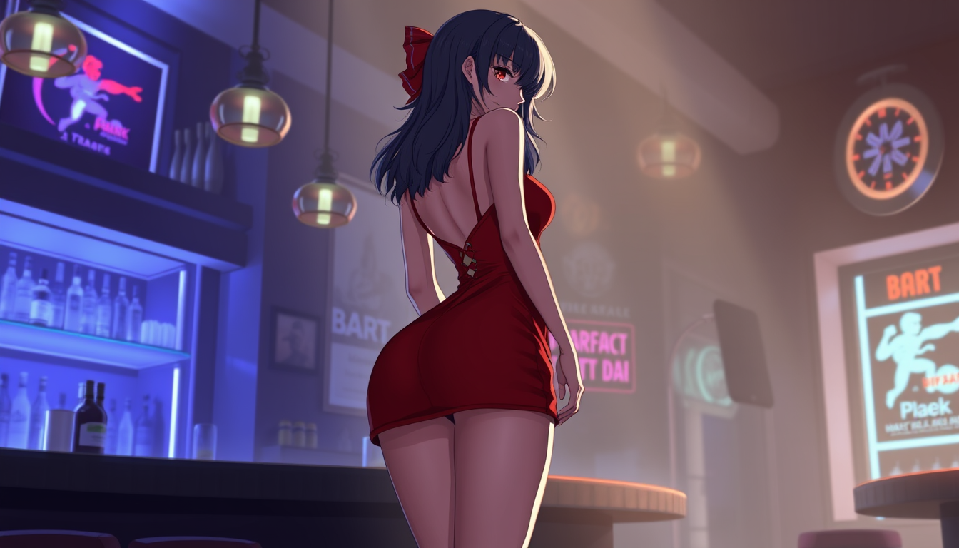 Main art studio: 1girl, gigantic butt, red short dress, bar,