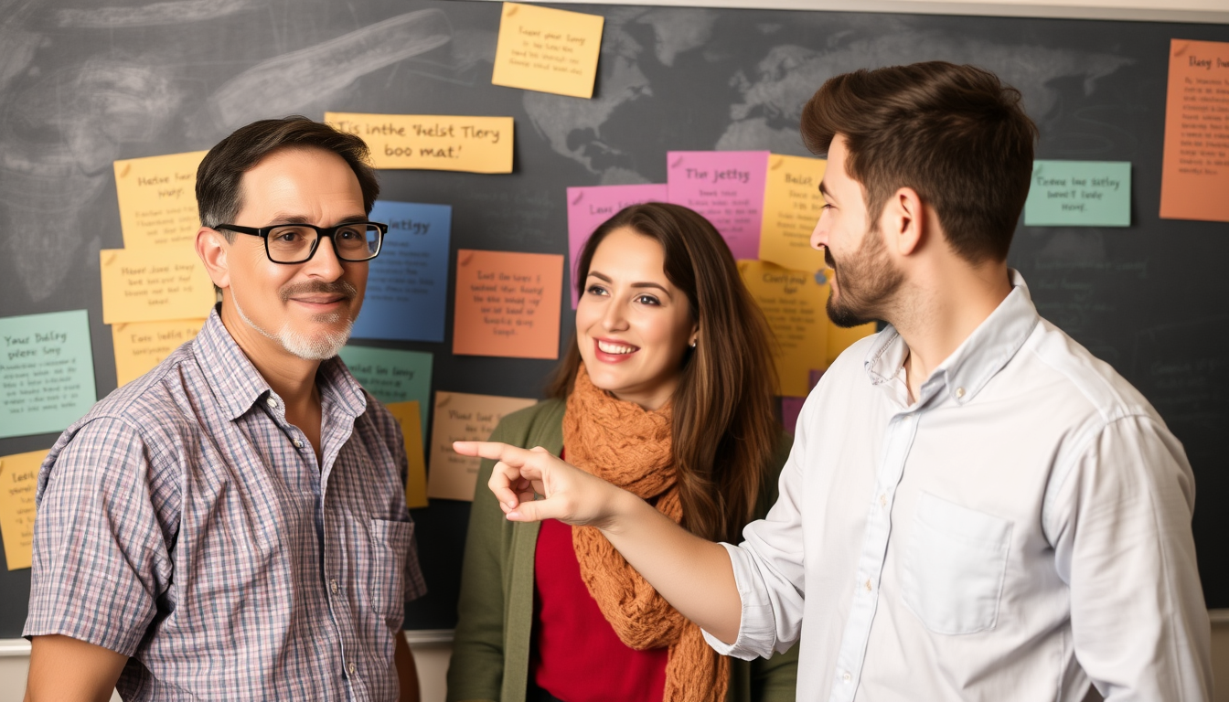 Main art studio: create a three people who is studying the story board pointing at it