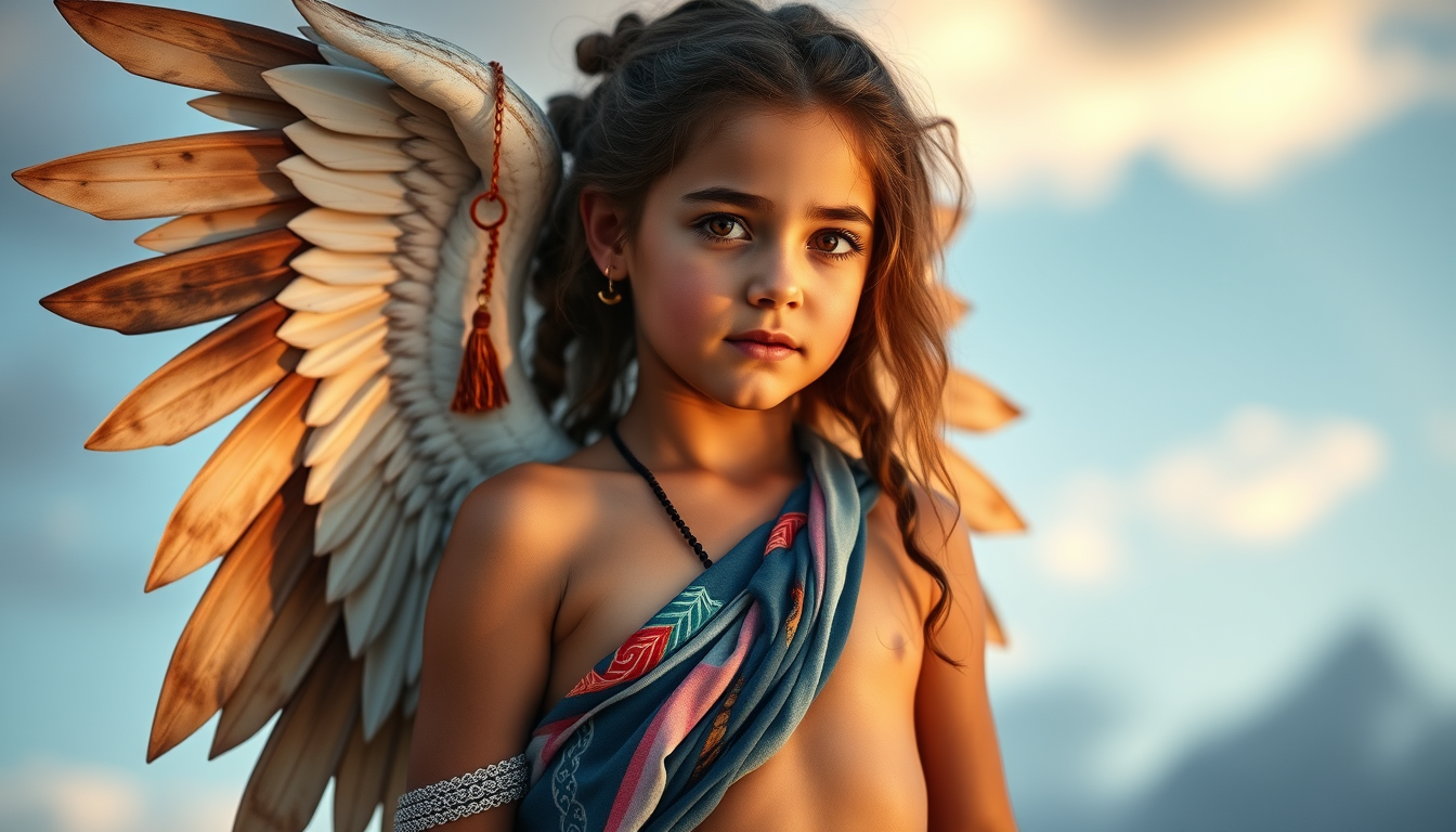 Main art studio: 13 year old girl with wings wearing toga ripped