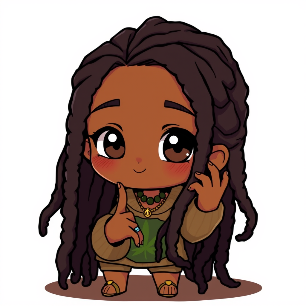 AI Art prompt example created from the prompt: black caramel female characte Chibi style character, oversized head, black dreadlocks, dark brown eyes, cozy cute stoner-adjacent vibe, smal