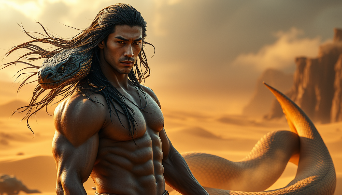 Main art studio: Cinematic dark fantasy, photorealistic. Handsome, very muscular adult Korean Serpent King with a completely human Korean face, almond eyes, straight n