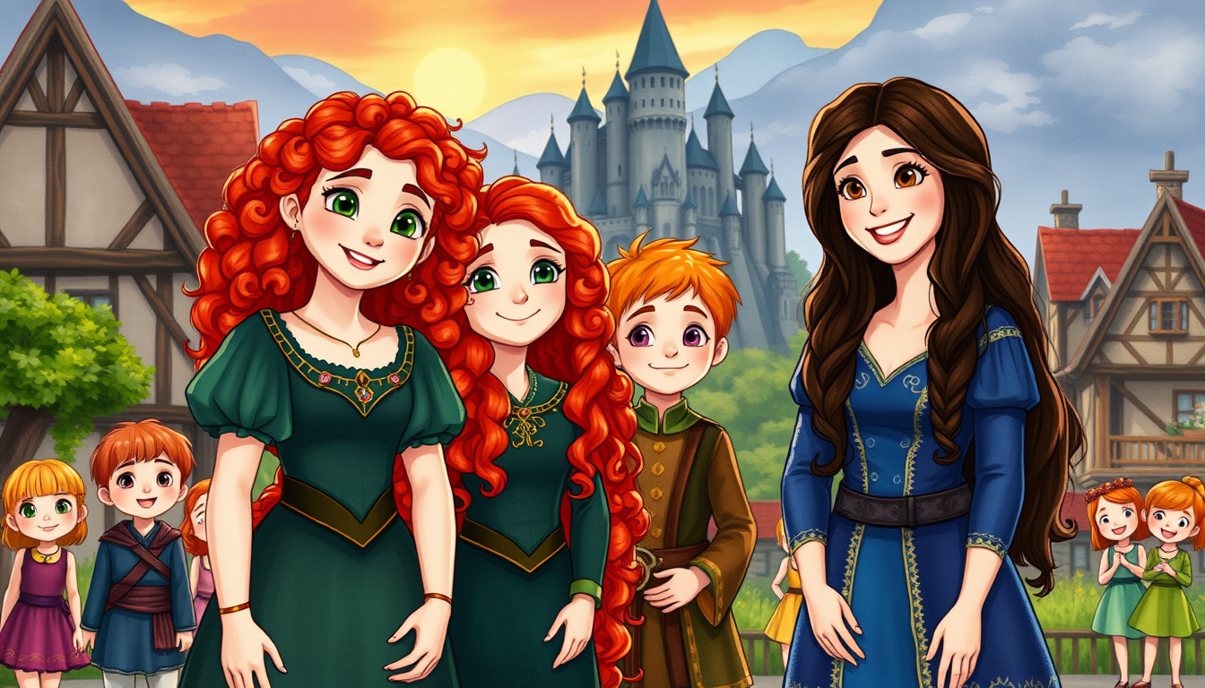 Main art studio: Merida and Queen Elinor standing together and smiling happily in the village of DunBroch. Merida is a teenage princess with long curly bright red hair