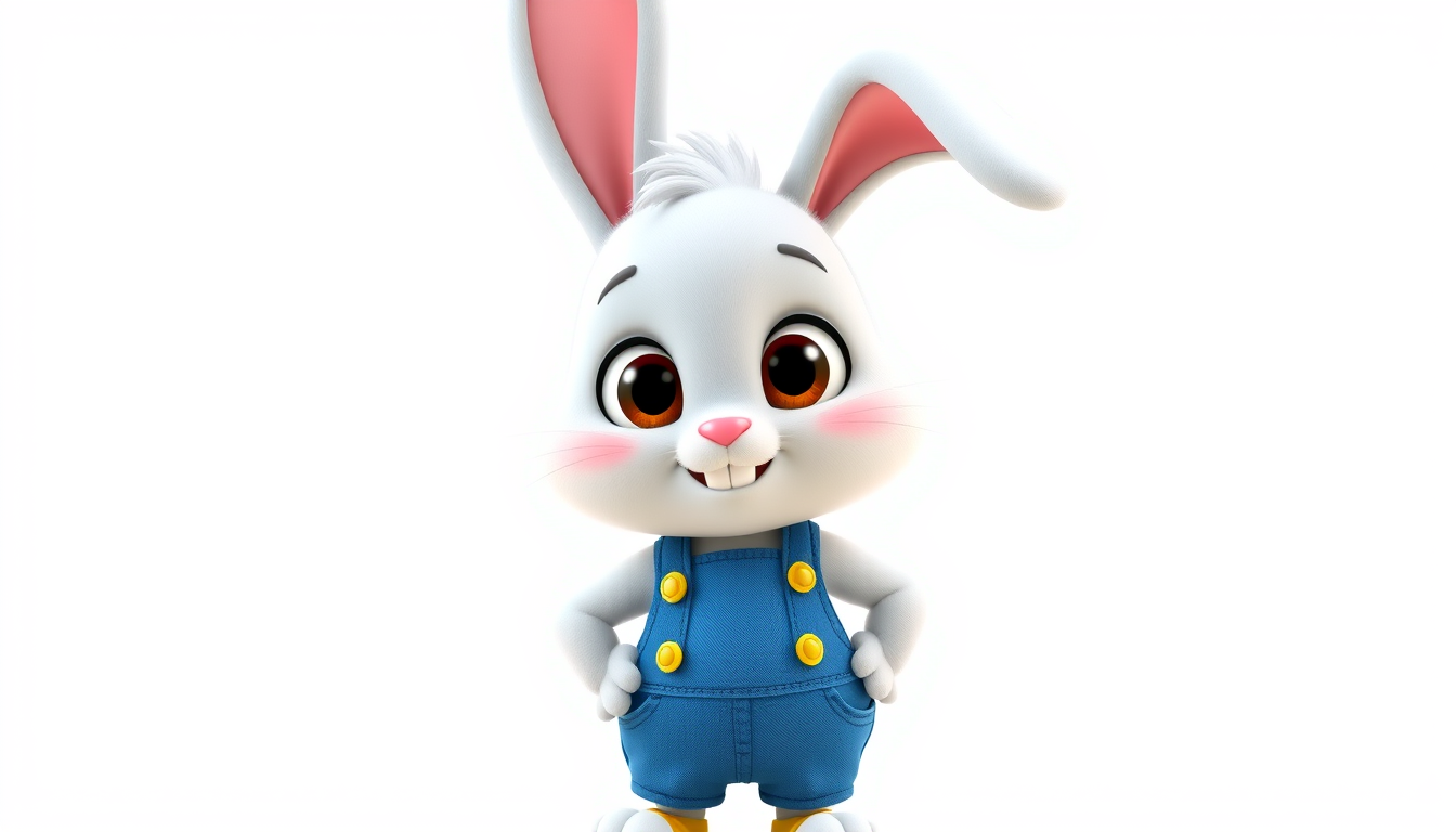 Main art studio: Cute cartoon bunny character named Bobo, white soft fur, big round brown eyes, pink nose, long ears with pink inside, friendly smile, wearing blue ove