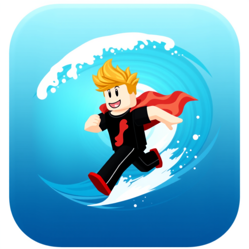 Main art studio: It's a icon for a Roblox game it has to be water themed with a text in the top that says water escape with a bacon avatar with a black t-shirt and bla