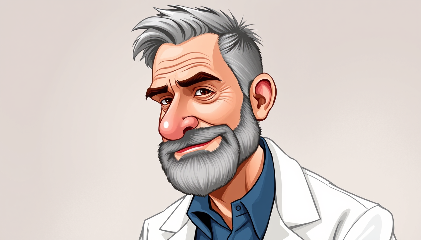 Main art studio: caricature of a man with grey hair and a trimmed beard and a lab coat