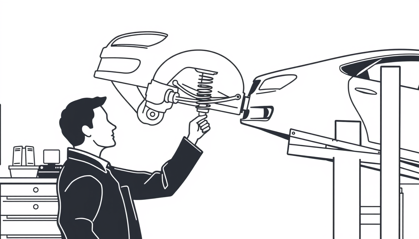 Main art studio: Minimalist editorial line-art illustration: an auto mechanic and car owner beside a car raised on a lift. The mechanic points to the suspension, expla