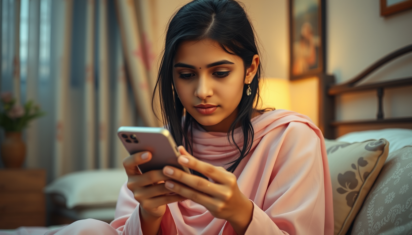 Main art studio: Create a cinematic, photorealistic Pakistani drama scene. A 15-year-old Pakistani girl named Jaweria is sitting in her bedroom, wearing a modest paste