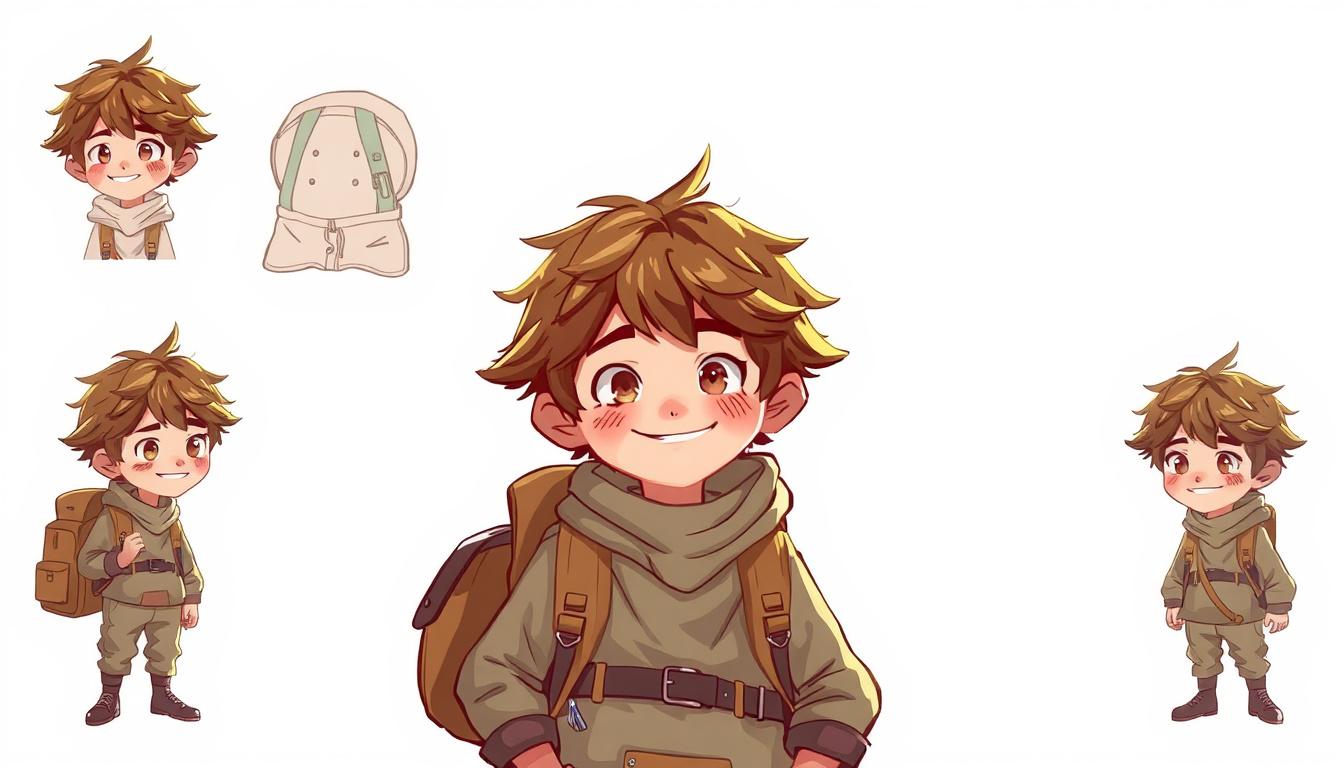 Character idea created from the prompt: original character design, detailed outfit and accessories, expressive personality, a boy with brown scruffy hair, backpack, comfy clothes a