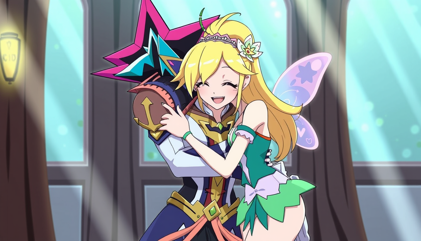 AI Art prompt example created from the prompt: Kiryu Kyosuke/Kalin Kessler from Yu-Gi-Oh 5D's and Flora from Winx club hugging.